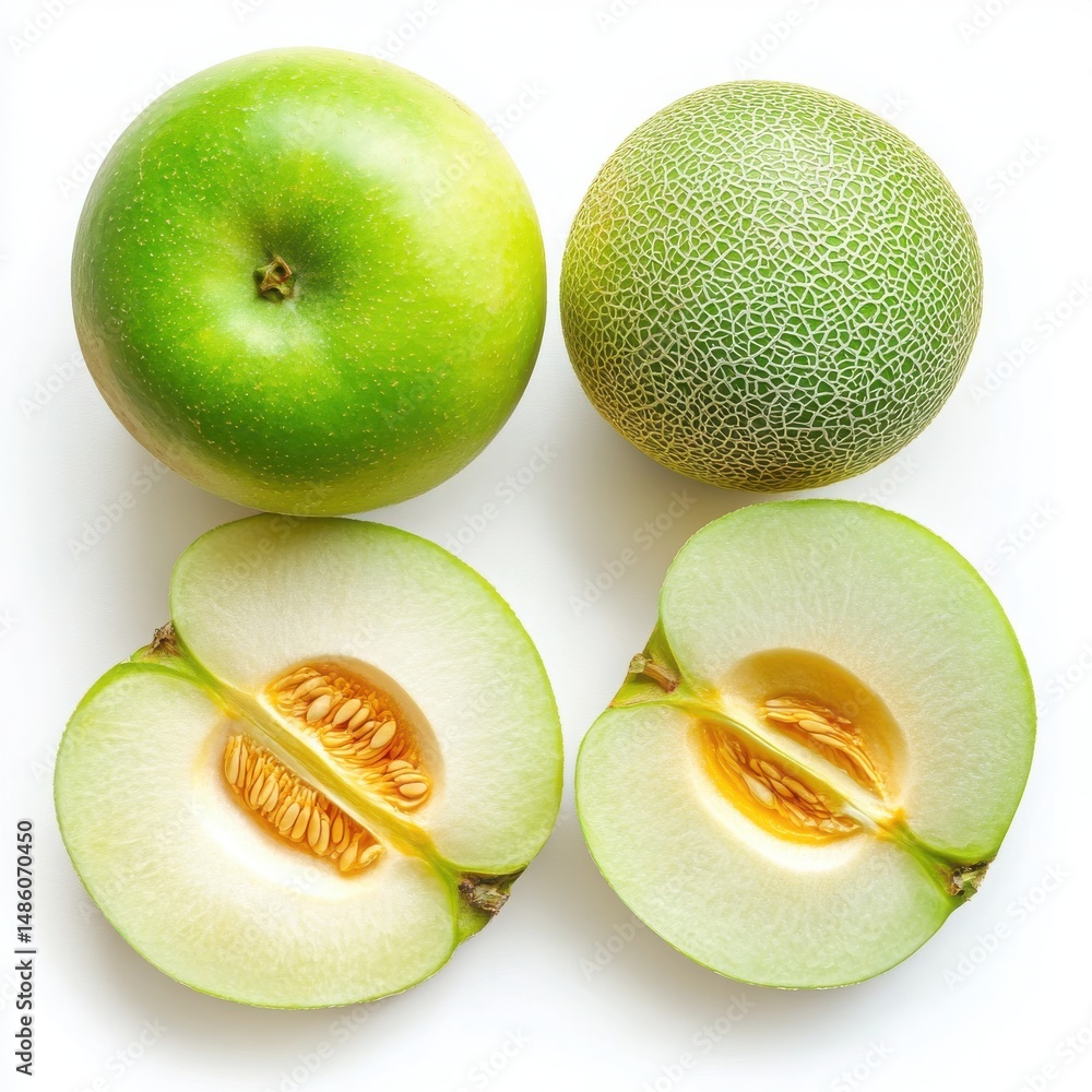 Poster sliced melon and apple pieces mixed together, a refreshing fruit blend isolated on a pristine white 
