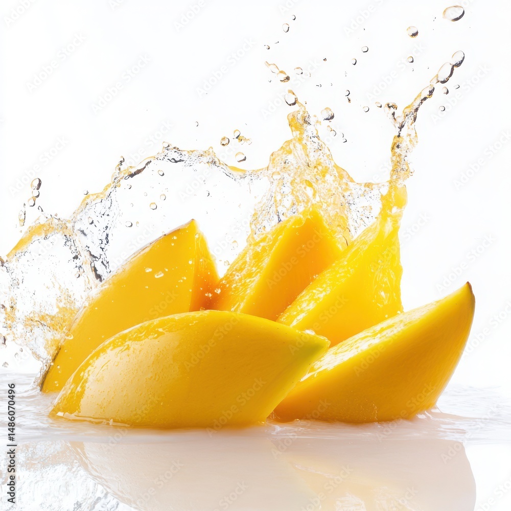 Poster sliced mango with a dynamic splash, a vibrant and refreshing image isolated on a pristine white back