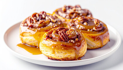 Salted caramel pecan sticky buns on a plate.
