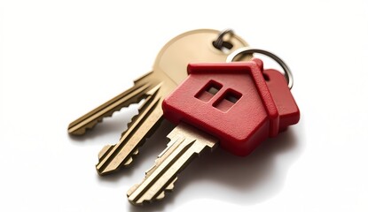 Close-up of house-shaped key charm and keys on a white background.  A symbol of homeownership and new beginnings.