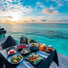Obraz premium Black Table Dining Setup by the Sea with Sunrise View
