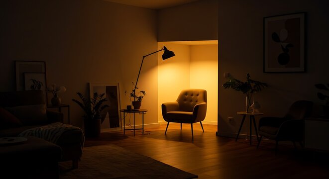 Cozy Living Room Interior Design Warm Evening Ambiance with Armchair and Floor Lamp