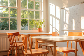 Sunlight streams into a cozy classroom filled with wooden chairs and a whiteboard, creating a warm and inviting atmosphere for learning and creativity