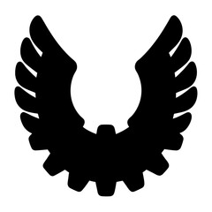 Stylized symbol featuring a gear and stylized wings, representing technology and freedom