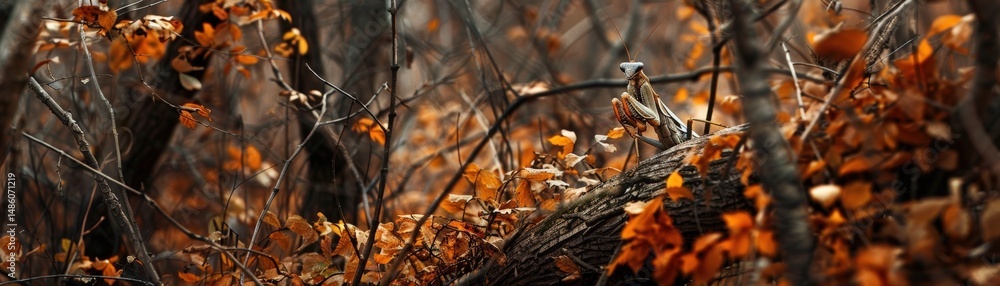 Poster a small bird is perched on a fallen log amid dense autumn foliage and branches in a forest setting.