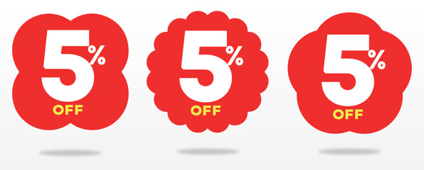 5% off. Shape, tag, e-commerce, red, value, price, offer. Discount, sale, marketing, sticker, web. Label, icon, set, sticker, positive, retail, store, banner
