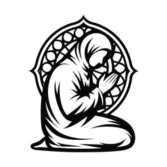 Silhouette of Muslim Woman in Hijab with Folded Hands, Kneeling, and Floral Border