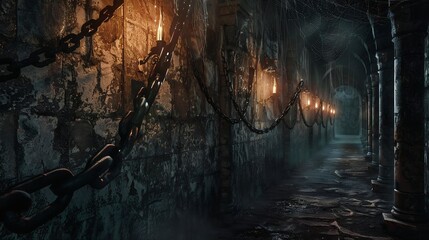 Fototapeta premium An ancient, abandoned dungeon or castle corridor, dimly lit by torches, with stone walls, cobblestone floor, and cobwebs, exuding a somber and foreboding atmosphere.