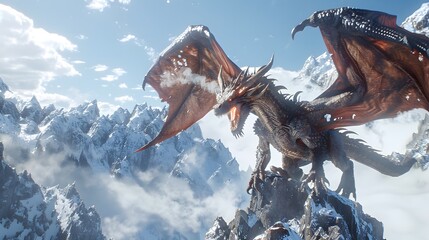 Dragon Roaring from Mountain Peaks at Sunrise
