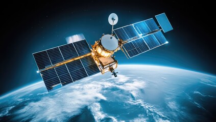 Satellite orbiting Earth, solar panels deployed.  Detailed view of spacecraft components