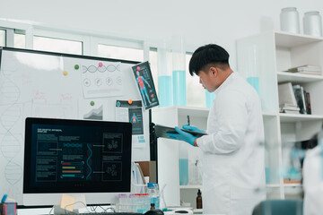 Naklejka premium Scientist examining biological samples under a microscope in medical research laboratory, focusing on DNA analysis, pharmaceutical innovation, vaccine development for healthcare