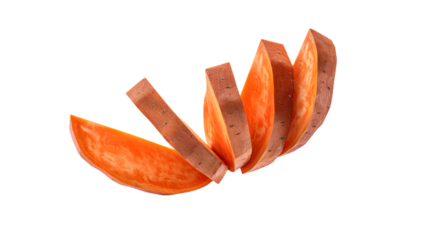 A close up of sliced sweet potatoes arranged in a semi circle on a transparent isolated background