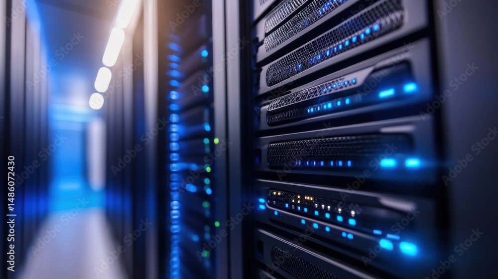 Aufkleber data center infrastructure with server racks and led lights in focused perspective