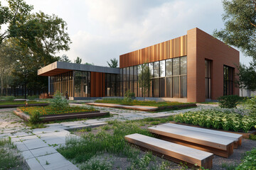 Stylish Flat Roof Modern House with Garden and Stone Pathway

