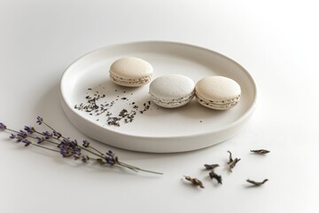 Fototapeta premium A delicate arrangement of lavender and Earl Grey-infused macarons, their smooth, glossy shells lightly speckled with flecks of finely ground tea leaves.