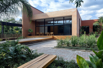 Contemporary Brick and Glass House with Wooden Deck and Garden
