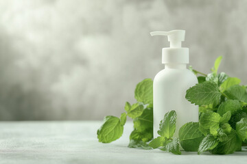 White Cosmetic Dispenser Bottle with Green Herbal Leaves on Soft Background