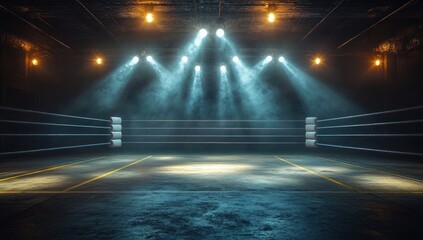 Empty boxing ring illuminated by dramatic overhead spotlights in a dim, smoky indoor arena creating an intense atmosphere