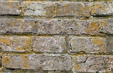 Background of old vintage brick wall, real photo. A closeup shot of a weathered mossy brick wall. Texture, brick, wall, it can be used as a background. Brick texture with scratches and cracks
