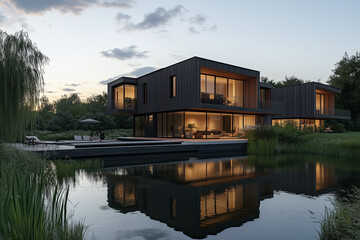 Minimal Black House with Large Windows and Water Reflection