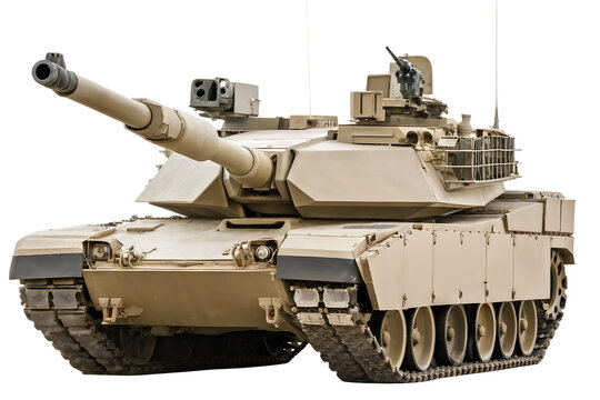 Detailed view of an m1 abrams tank isolated on black background for military projects
