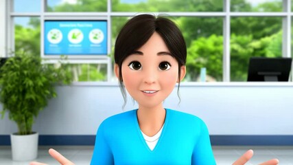 Cartoon-style expressive female doctor in modern hospital setting gestures while explaining a medical situation near x-ray screen. Ideal for educational or healthcare animation. AI generative 4K video - Powered by Adobe