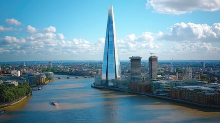 Panoramic aerial view of modern skyscraper and cityscape beside river.