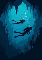 Cave diving adventure: Silhouette illustration of two scuba divers exploring an underwater cave system with coral reefs and fish in deep blue water. Underwater exploration