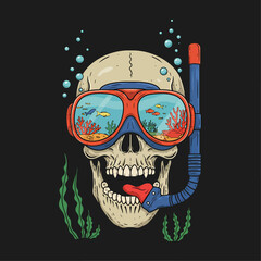 Humorous diving skull vector illustration. Cartoon skull wearing a snorkel and goggles reflecting an underwater scene with fish and coral. Unique and quirky design logo