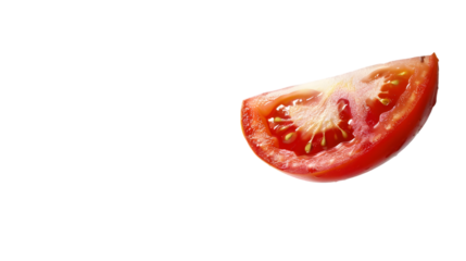 A close up shot of a single wedge of a red tomato with seeds on a stark transparent background space