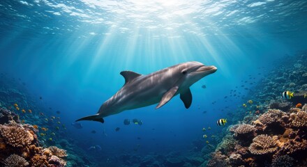 Obraz premium Dolphin swimming in coral reef
