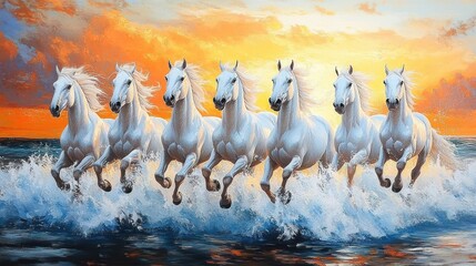 Seven white horses galloping through ocean waves under a vibrant orange and yellow sunset sky, conveying energy and freedom