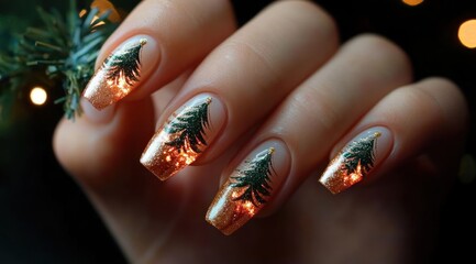 Close-up of manicured hand with festive nail art featuring green Christmas tree designs over glittery orange-gold tips against a dark blurred background with warm lights