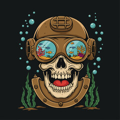 Humorous diving skull vector illustration. Cartoon skull wearing a snorkel and goggles reflecting an underwater scene with fish and coral. Unique and quirky design logo