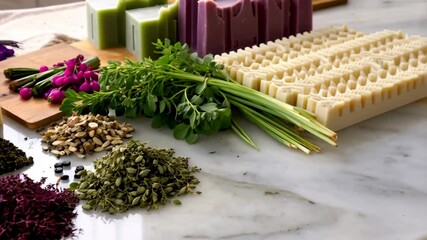 Artisanal soapmaking ingredients: handmade bars, botanicals, herbs, seeds, flowers, and natural elements creating sustainable skincare preparations.
