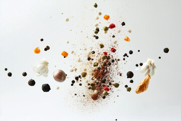 Creative Food Splash Composition with Spices and Drops on White Background