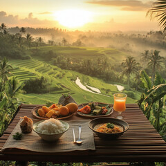 Scenic Tropical Breakfast Setting with Lush Green Rice Field View and Morning Sunlight