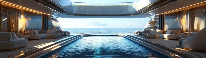 Fototapeta premium Luxurious yacht pool deck with ocean view, comfy seating, and modern design.