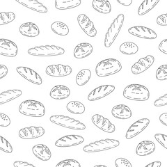 Bread seamless pattern background. Hand drawn bread motif wallpaper. Bakery, bake shop backdrop or food wrapper