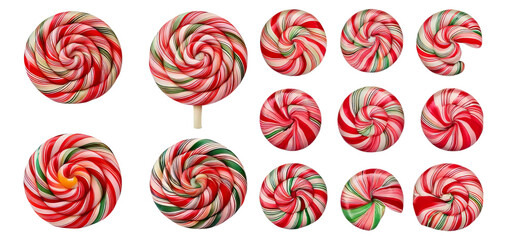 Colorful Swirled Lollipops in Various Sizes on White Background, Isolated on Transparent, white background