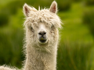 Closeup portrait of adorable white alpaca during a daily graze in Scottish Galloway hills. Beautiful furry animal on bright blurry green and flowery background.
