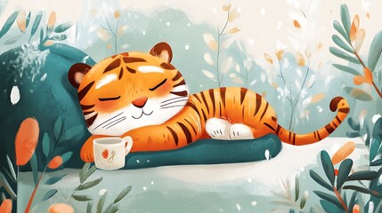 A cozy tiger lounging on a cushion with gentle shadows