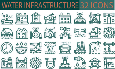 water infrastructure. Clean linear style icon collection with editable strokes. Vector illustrations suitable for engineering, utilities, and environmental design .