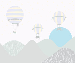 Minimalist Light Tone Balloons Above Hills Graphic, Simple Cheerful Design Element
