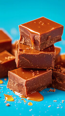Rich chocolate squares are stacked high, drizzled with warm caramel sauce, creating an enticing dessert display against a bright turquoise backdrop