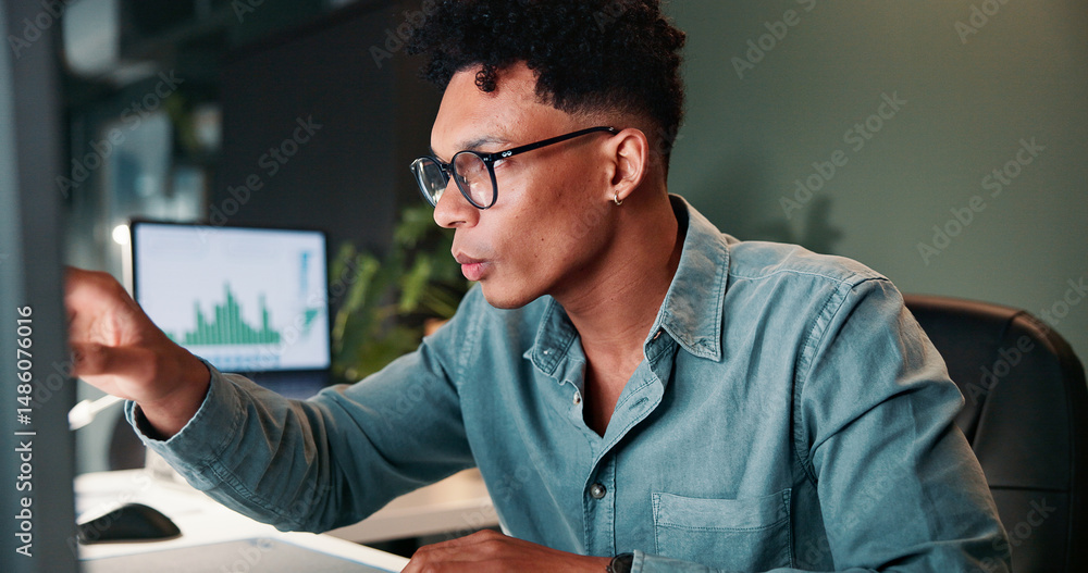 Poster man, reading and computer for trading in office of statistics review, finance charts and stock marke