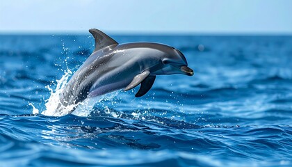 Fototapeta premium Dolphin Leaping From Blue Ocean Water Creating A Dynamic Marine Scene