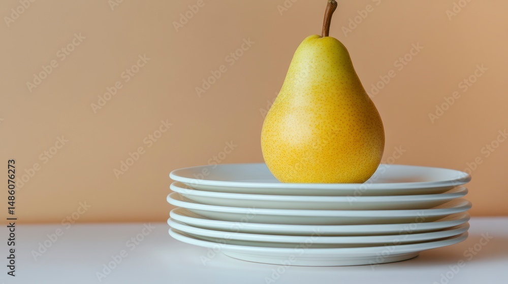 Poster single yellow pear atop a stack of white plates against a peach background.