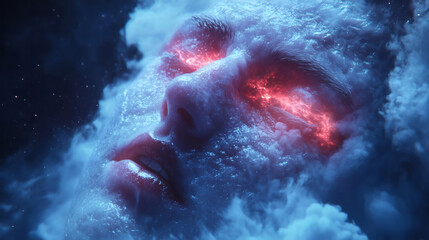 A serene visage emerges from clouds, featuring intense red eyes that glow against a backdrop of stars, suggesting a connection to the cosmos and dreams