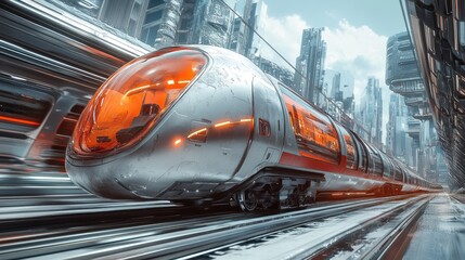 Futuristic high-speed train speeding through a cyberpunk city.